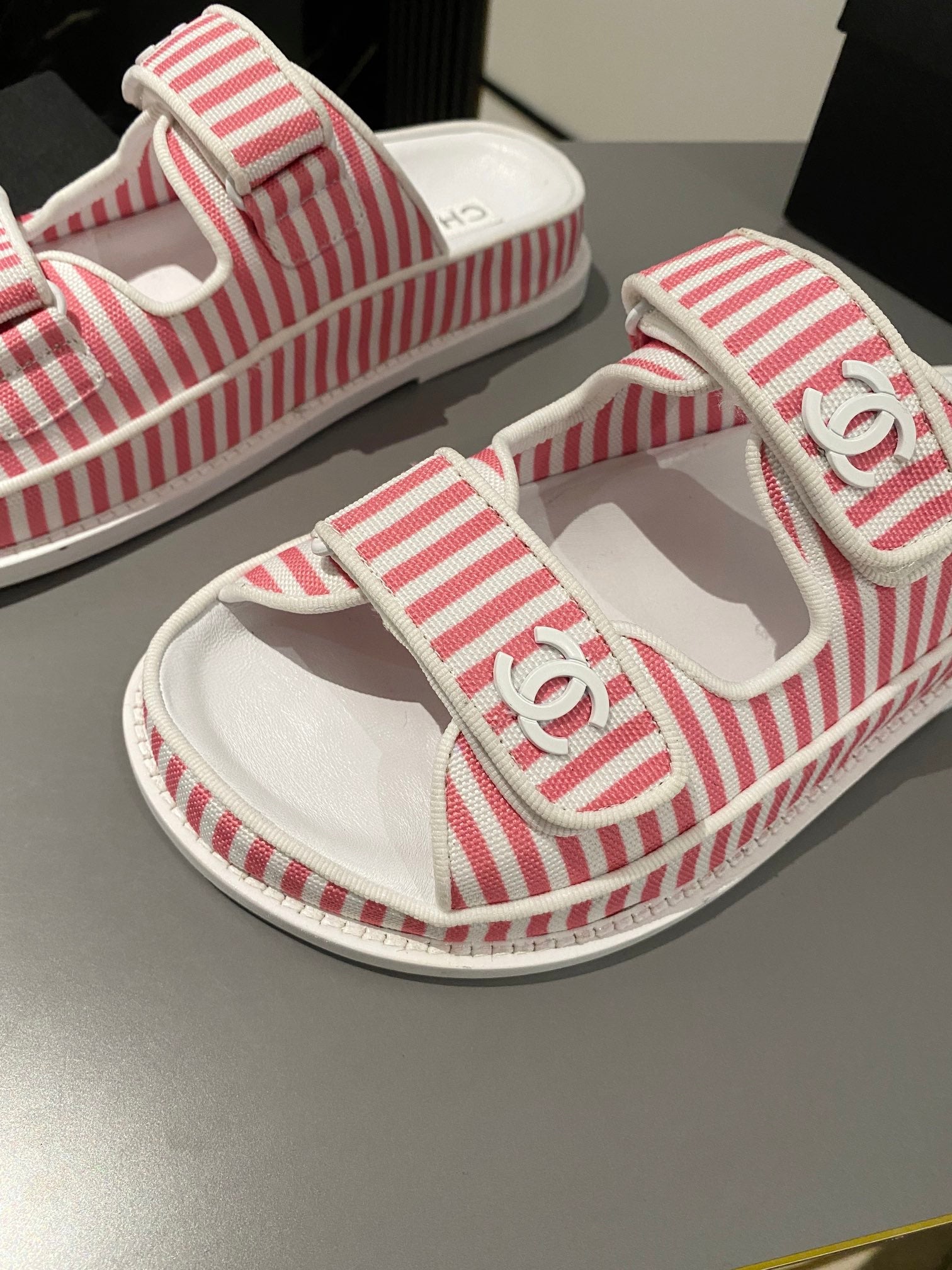 dad sandal mule striped pink white fabric calfskin