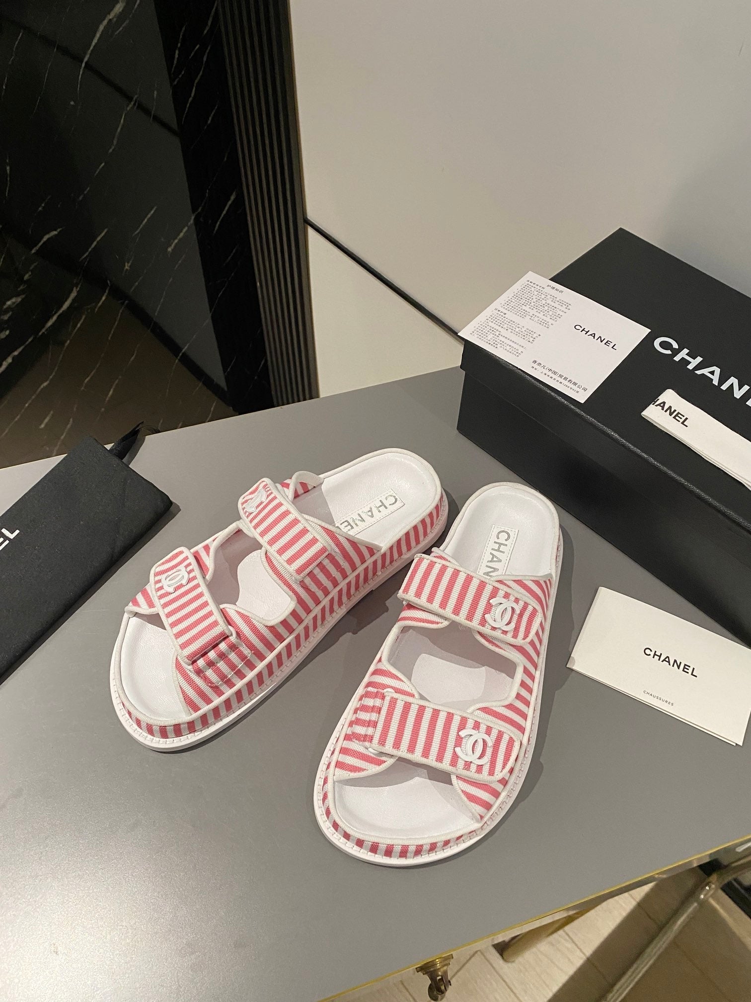 dad sandal mule striped pink white fabric calfskin