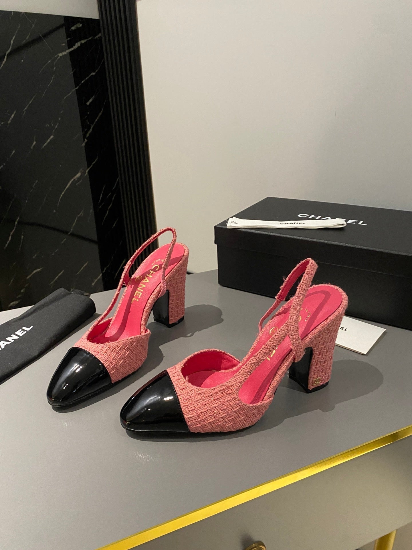 CC Slingback 95mm Pink Red Tweed Fabric