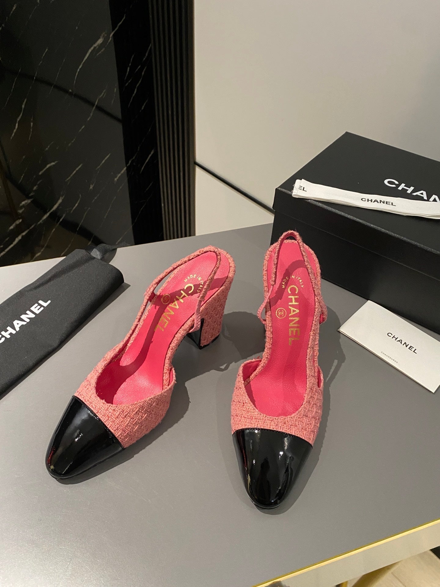 CC Slingback 95mm Pink Red Tweed Fabric