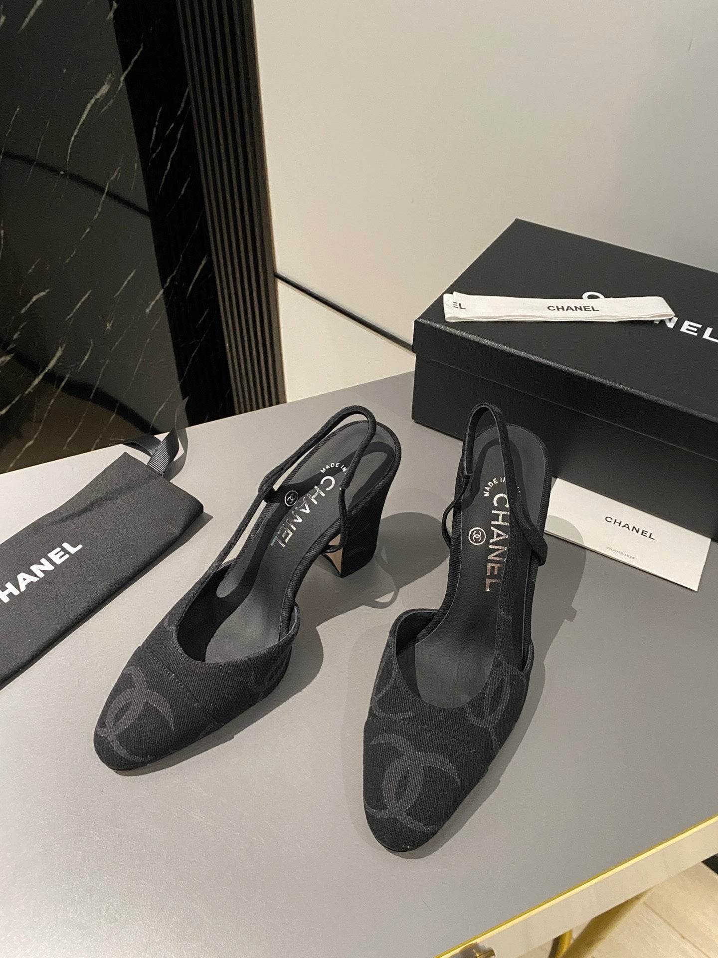 CC Slingback 95mm Black Denim Fabric