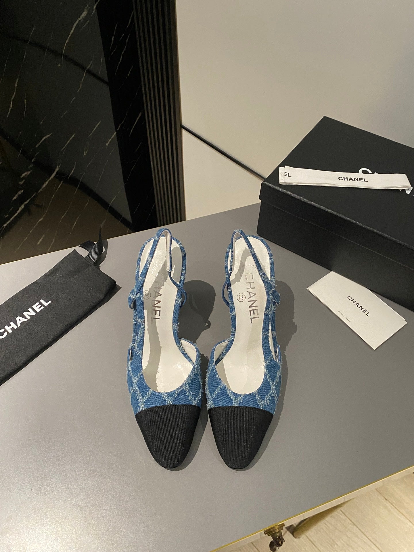 CC Slingback 95mm Dark Blue Tassel Denim Fabric