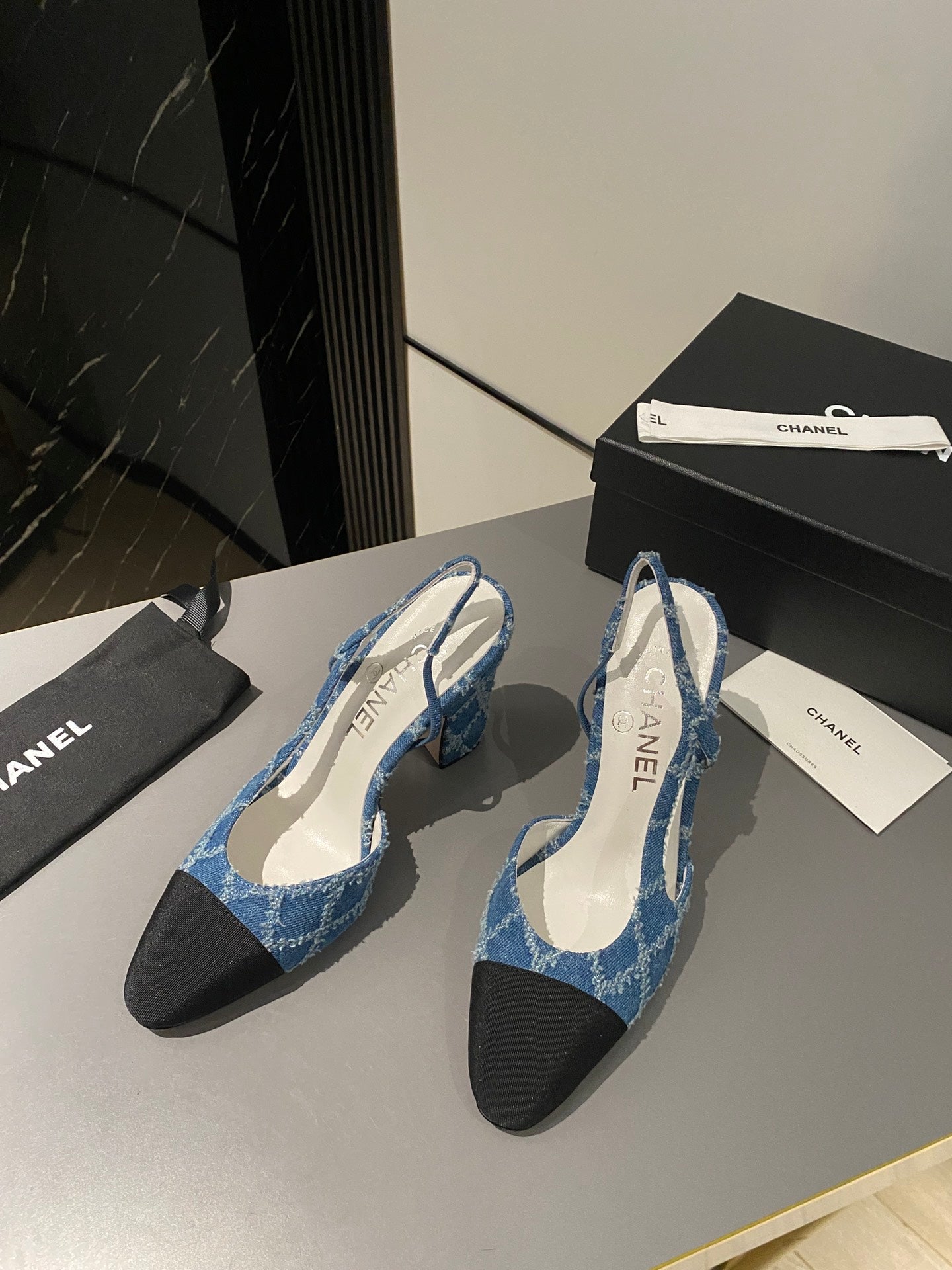 CC Slingback 95mm Dark Blue Tassel Denim Fabric