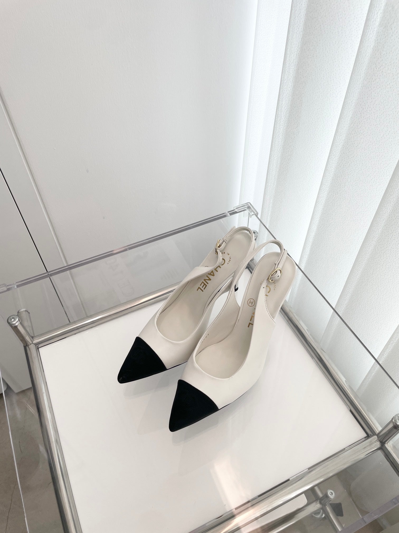 CC Slingback 95mm White Lambskin And Denim Fabric