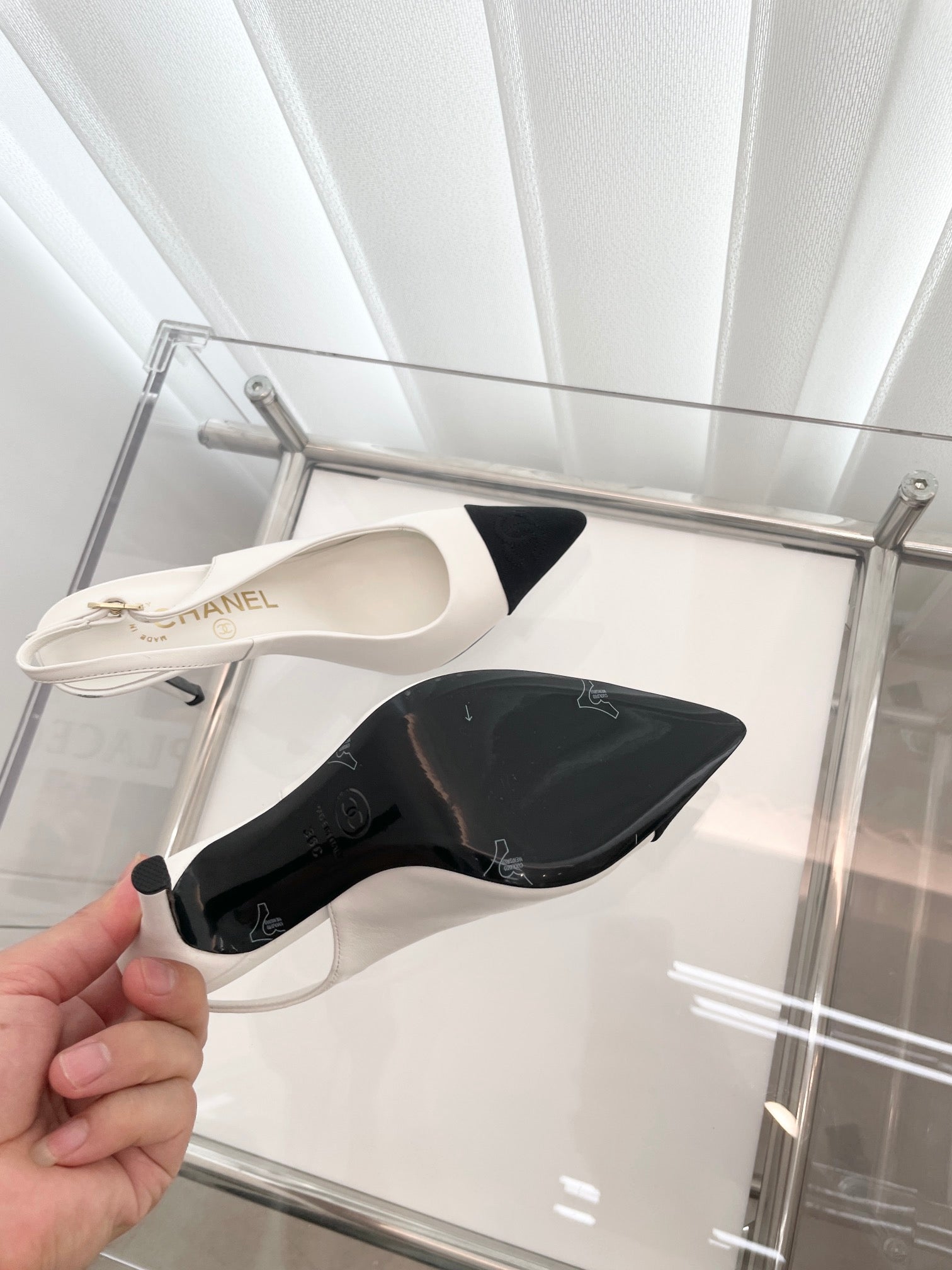 CC Slingback 95mm White Lambskin And Denim Fabric