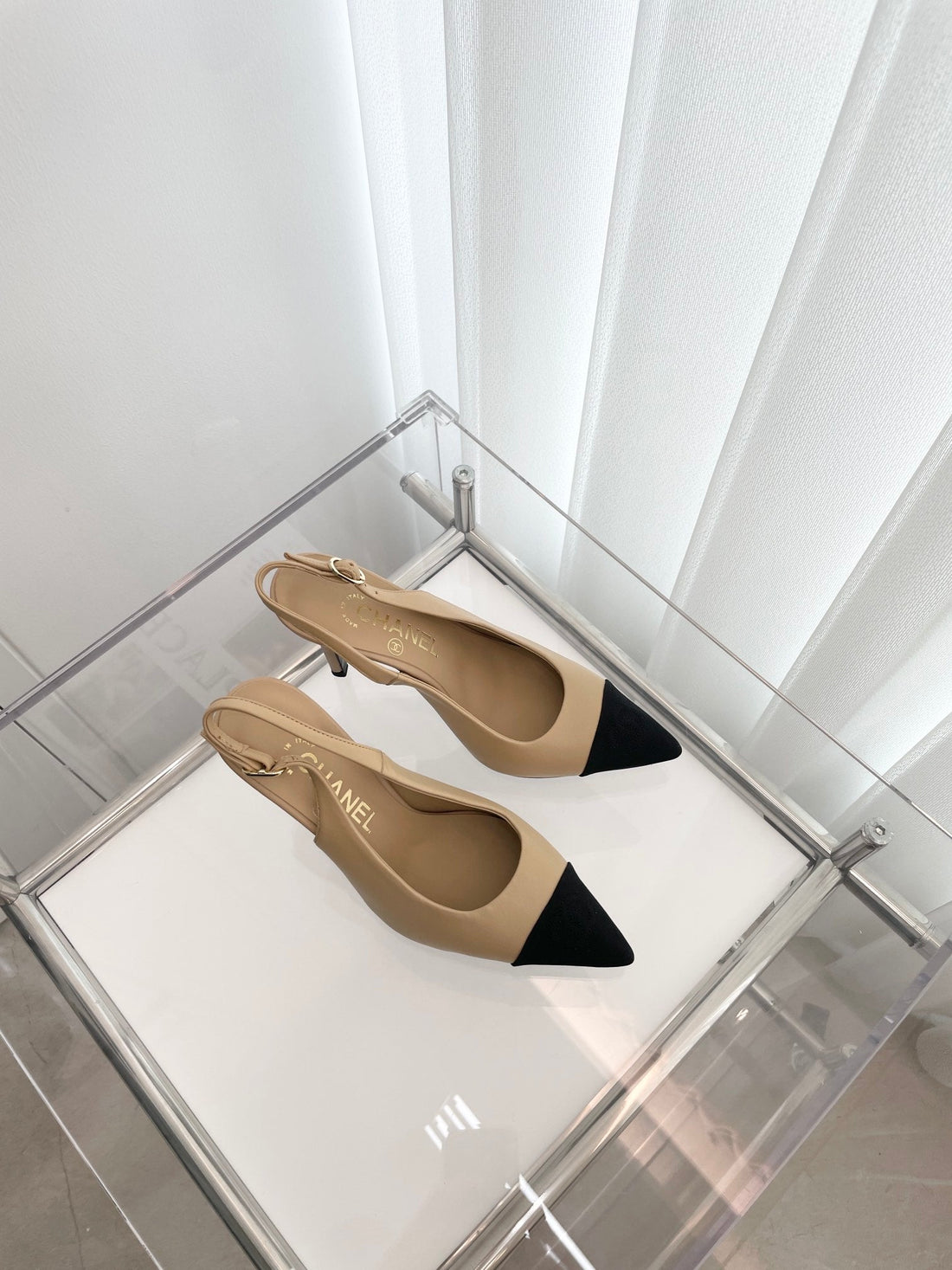 CC Slingback 95mm Beige Lambskin And Denim Fabric