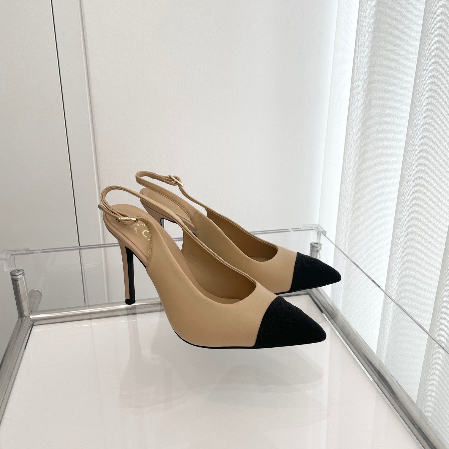 CC Slingback 95mm Beige Lambskin And Denim Fabric