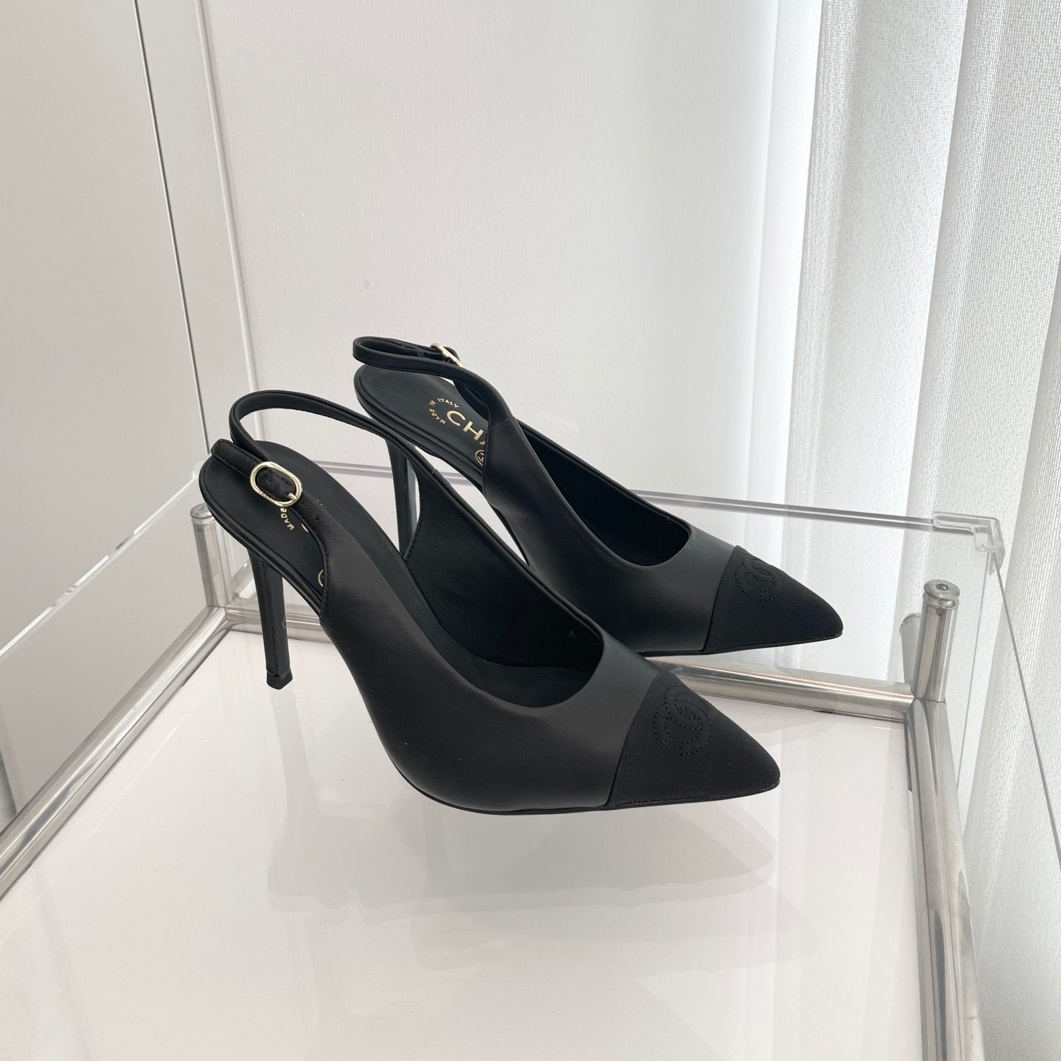 CC Slingback 95mm Black Lambskin And Denim Fabric