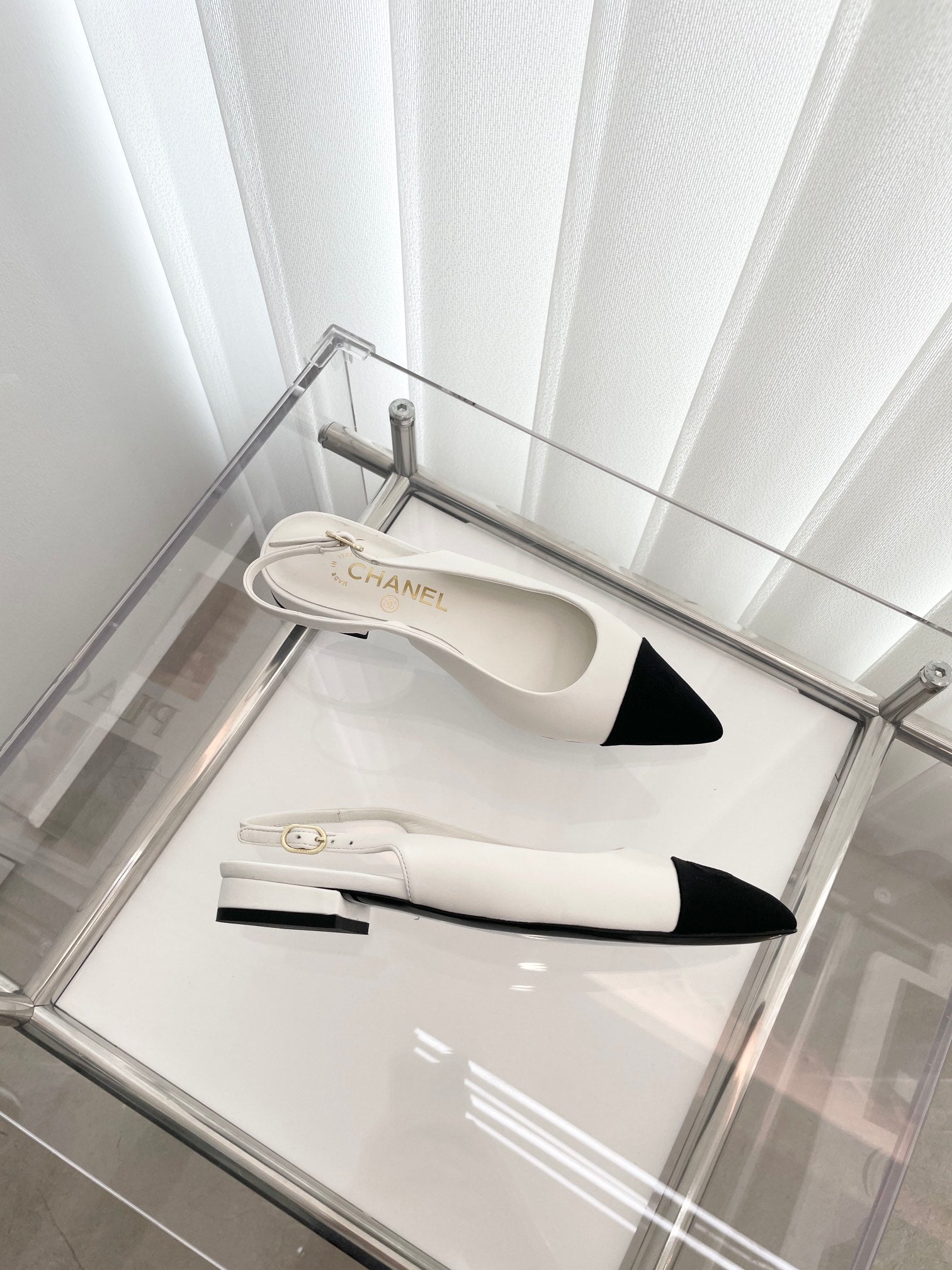 CC Slingback 15mm White Lambskin And Denim Fabric