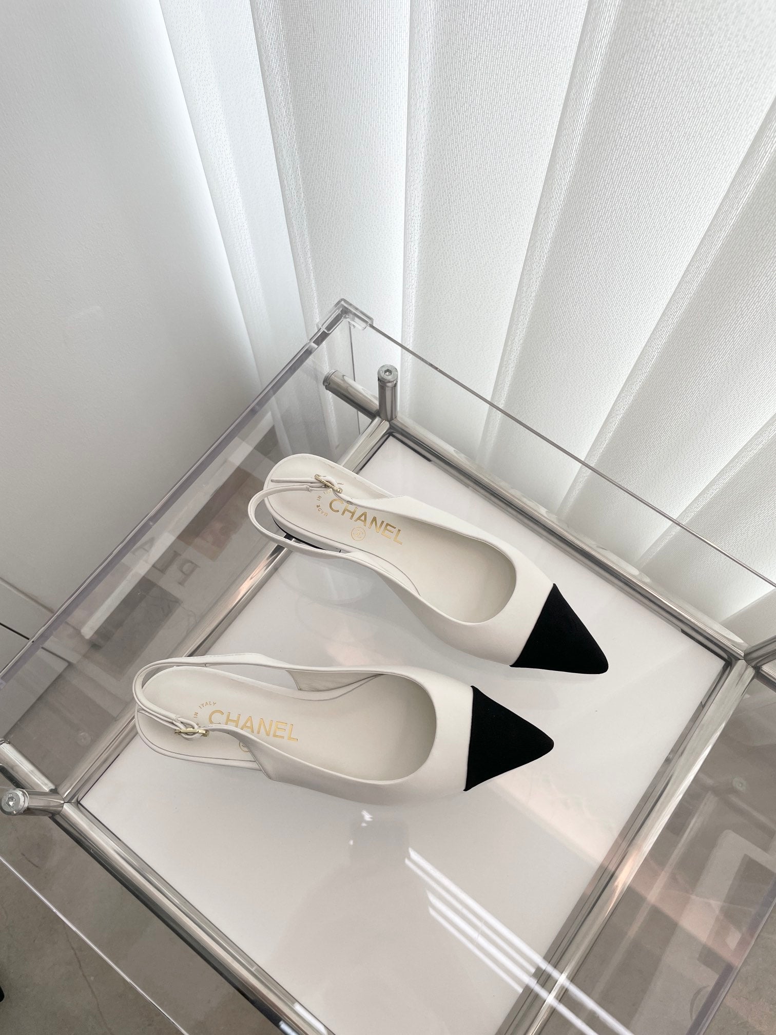 CC Slingback 15mm White Lambskin And Denim Fabric