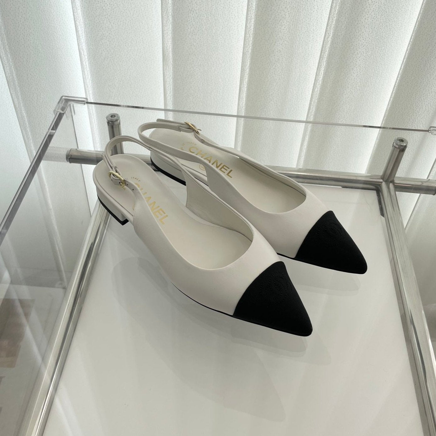 CC Slingback 15mm White Lambskin And Denim Fabric