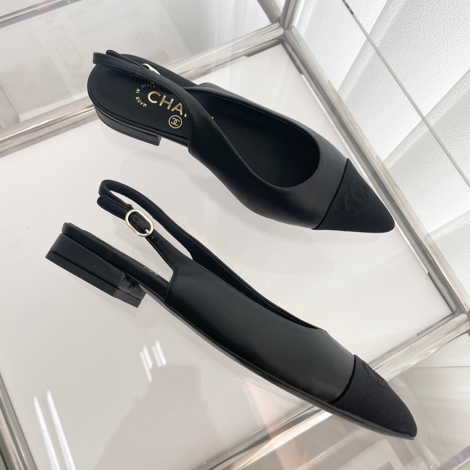 CC Slingback 15mm Black Lambskin And Denim Fabric