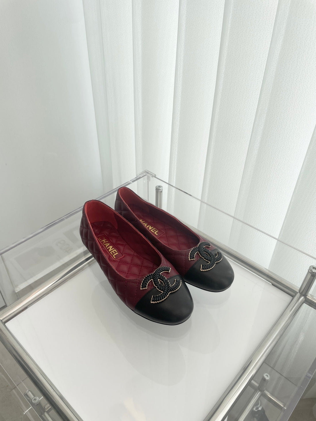 CC Ballet Flats 10mm Burgundy Black Quilted Lambskin