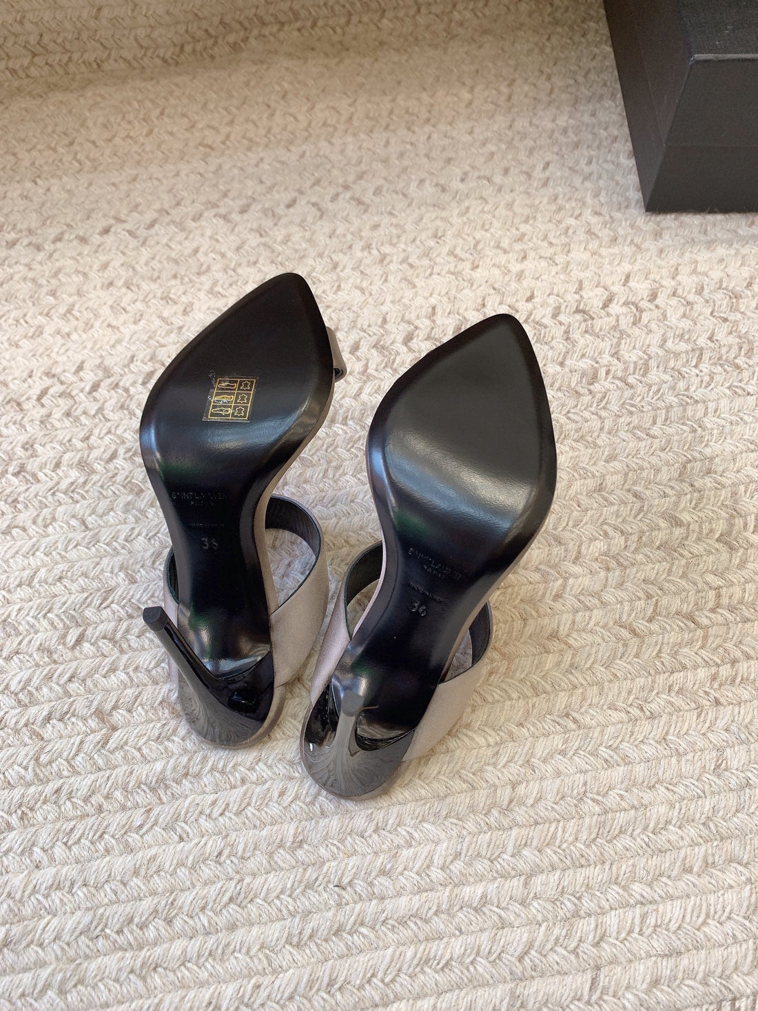 MARTHA POINTED OPEN-TOE HIGH MULES IN GRAY SILK