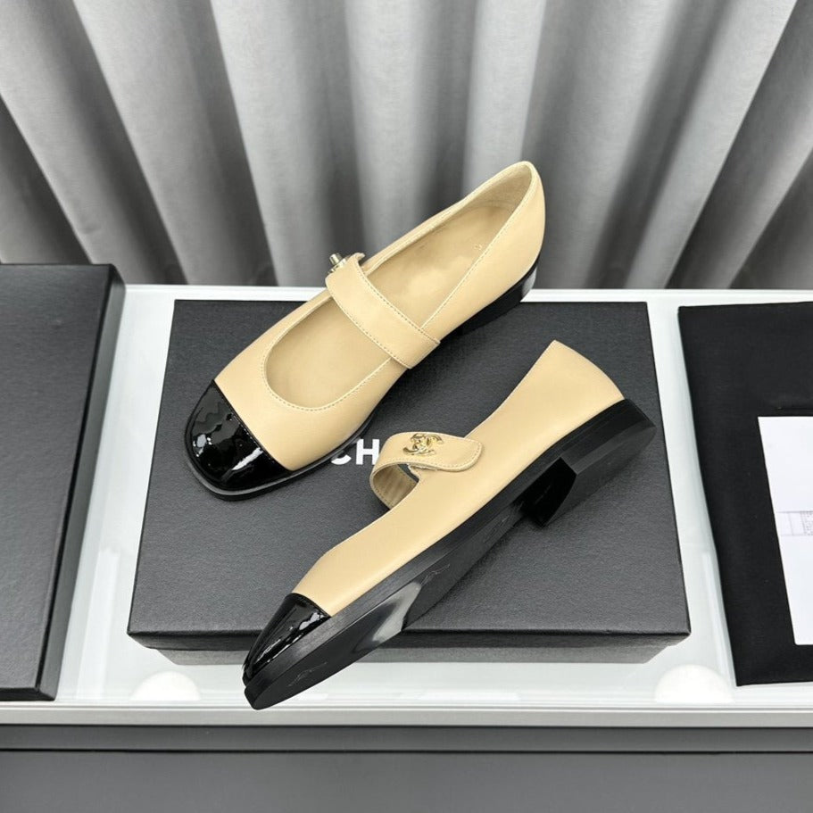 mary janes beige cafskin black patent calfskin