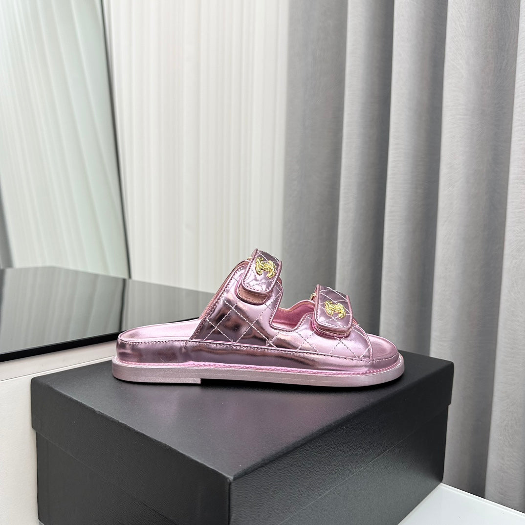 dad sandals pink metalic lambskin mules