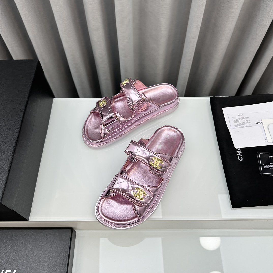 dad sandals pink metalic lambskin mules