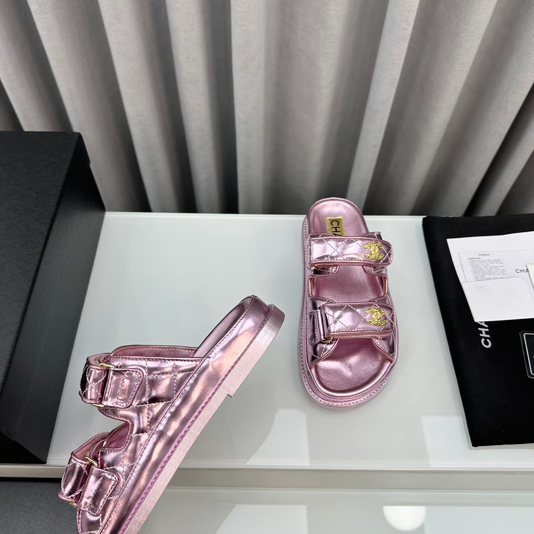 dad sandals pink metalic lambskin mules