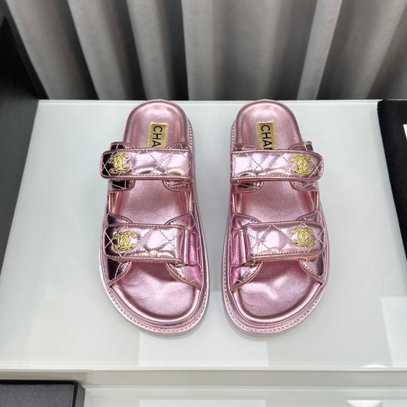 dad sandals pink metalic lambskin mules