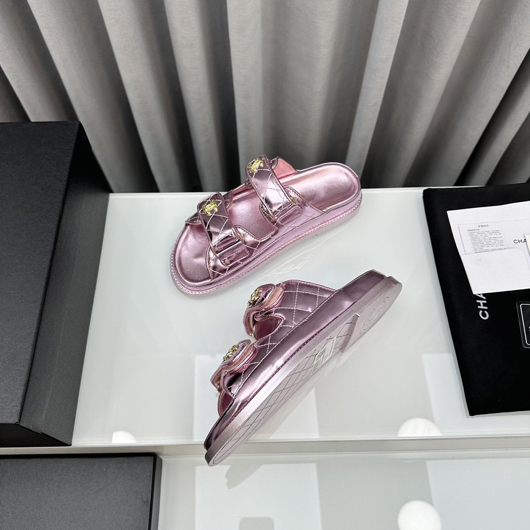 dad sandals pink metalic lambskin mules
