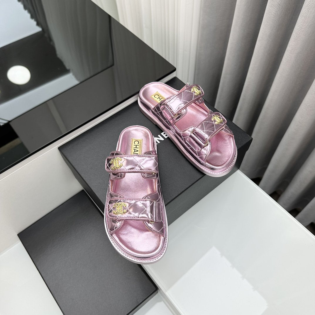 dad sandals pink metalic lambskin mules