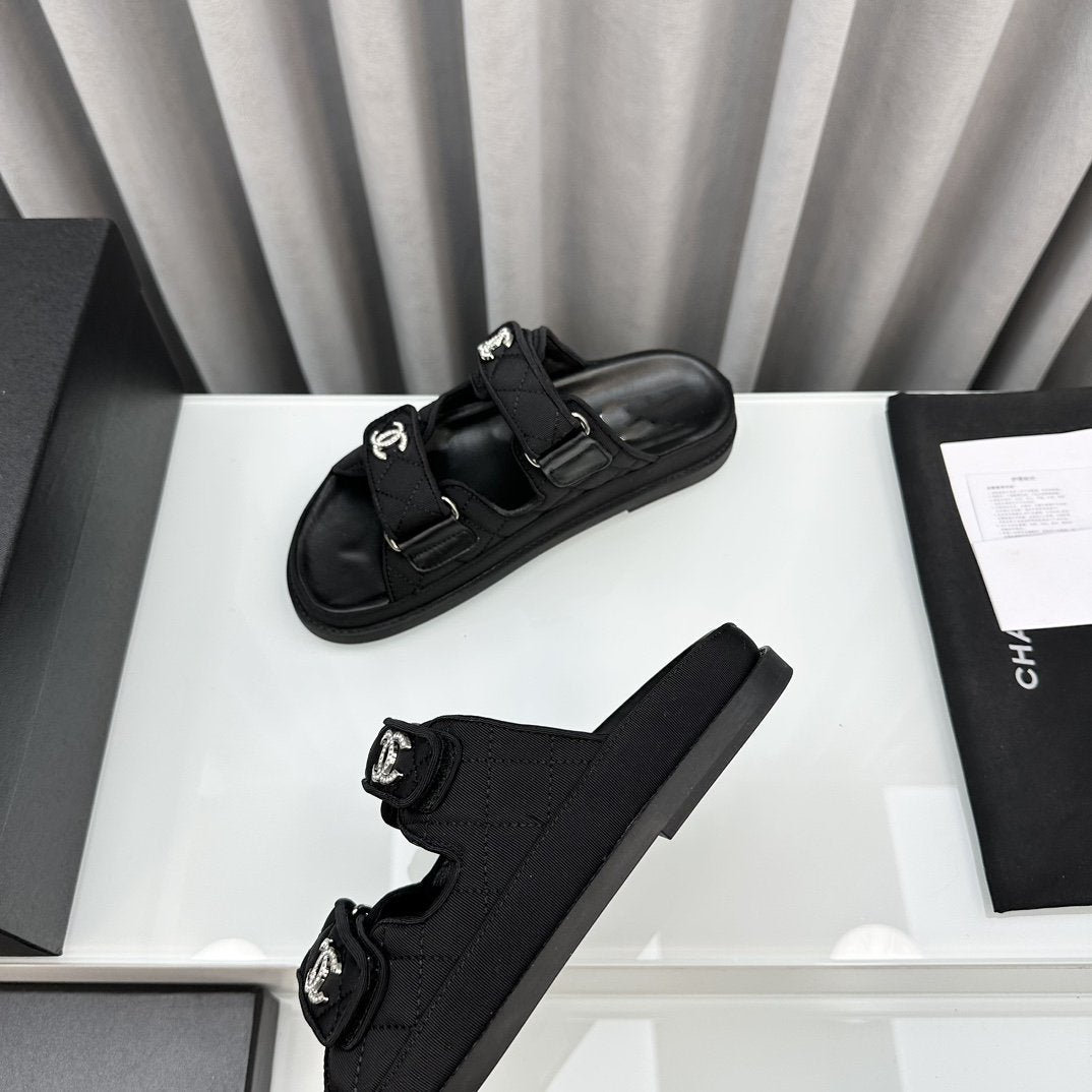 dad sandals black textile mules