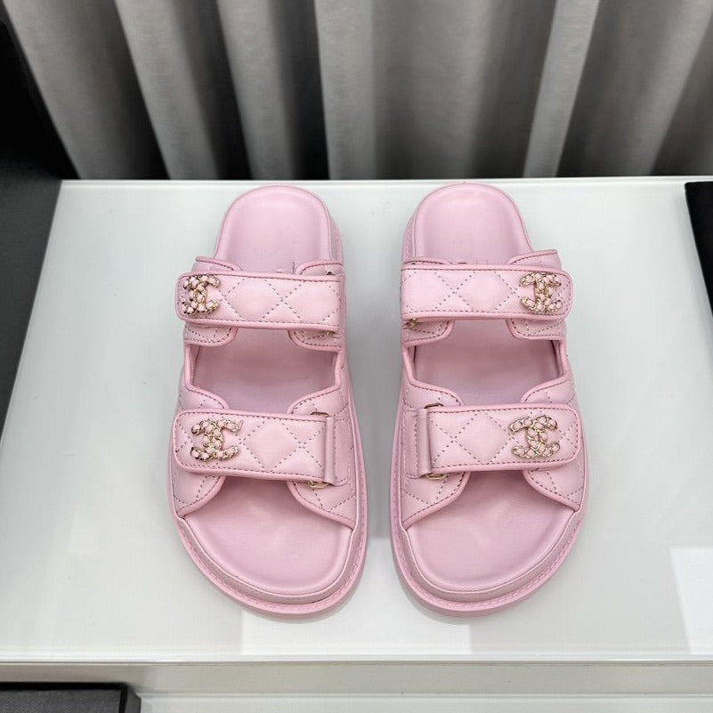 dad sandals pink lambskin mules