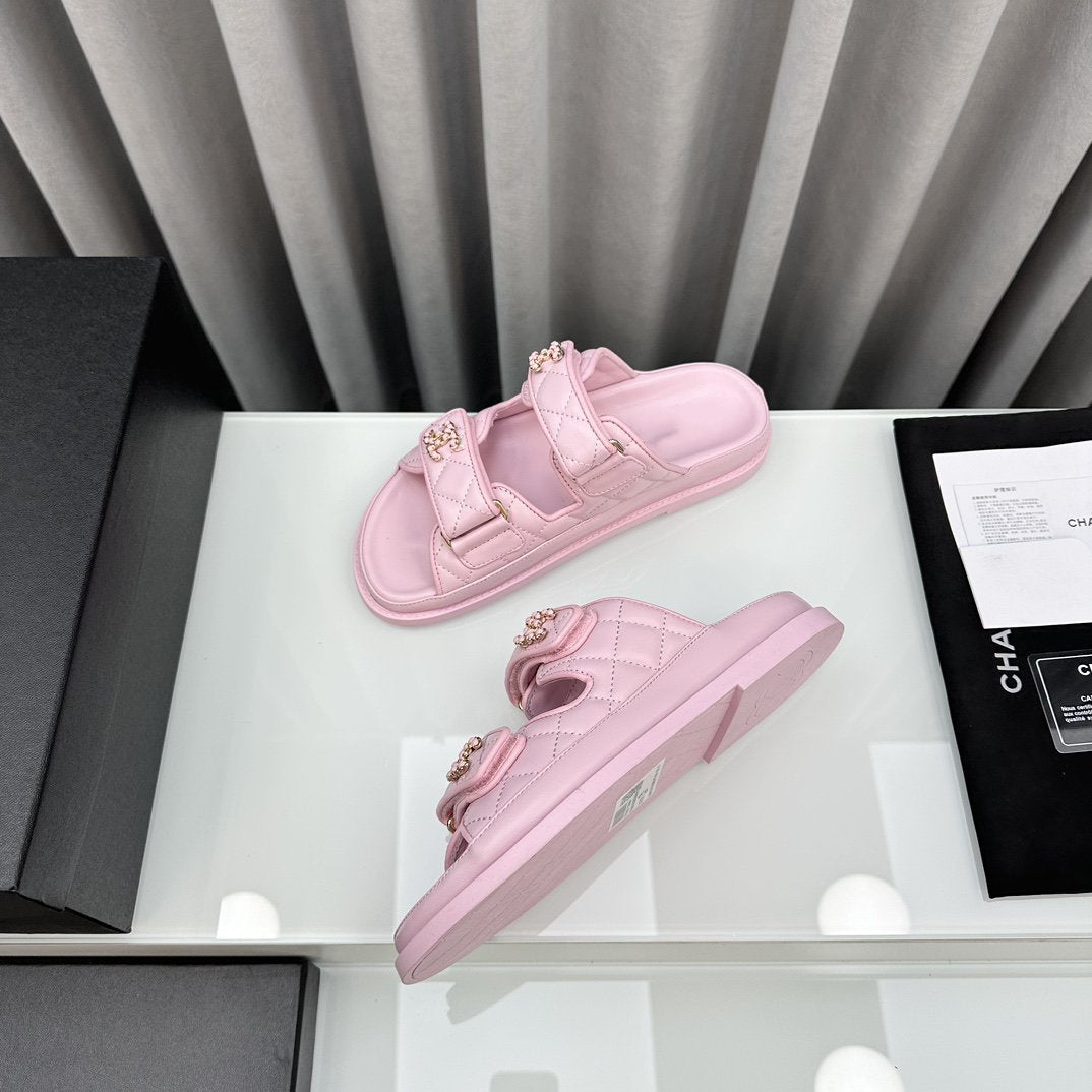 dad sandals pink lambskin mules