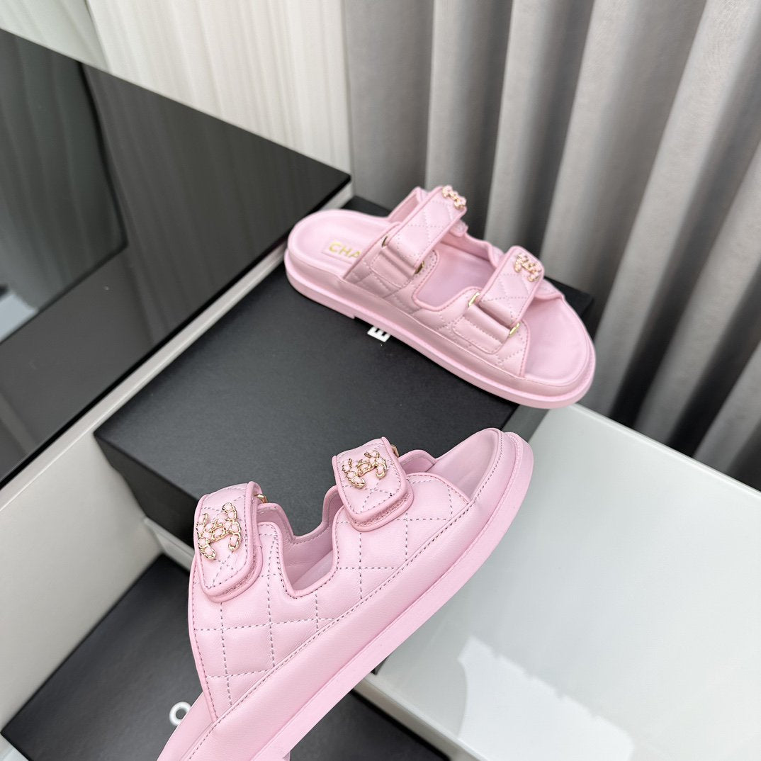 dad sandals pink lambskin mules