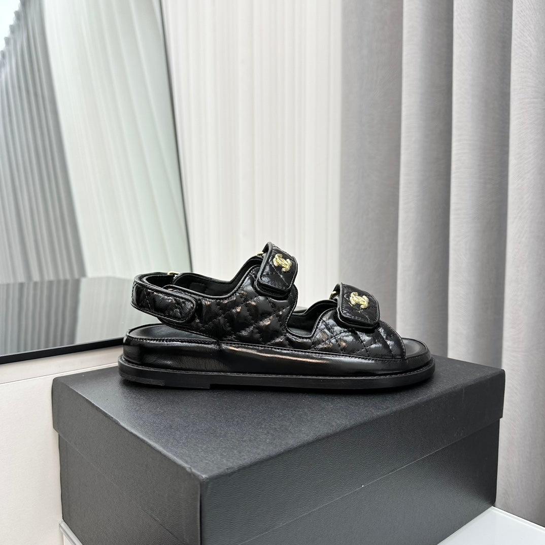 dad sandals black patent lambskin