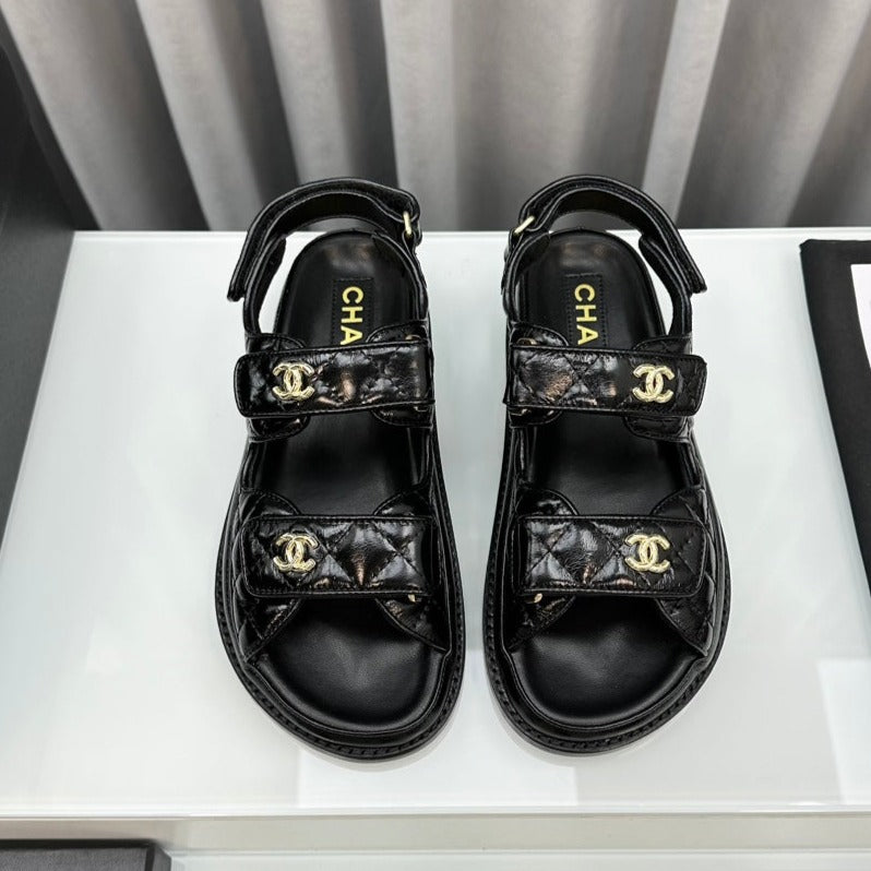dad sandals black patent lambskin