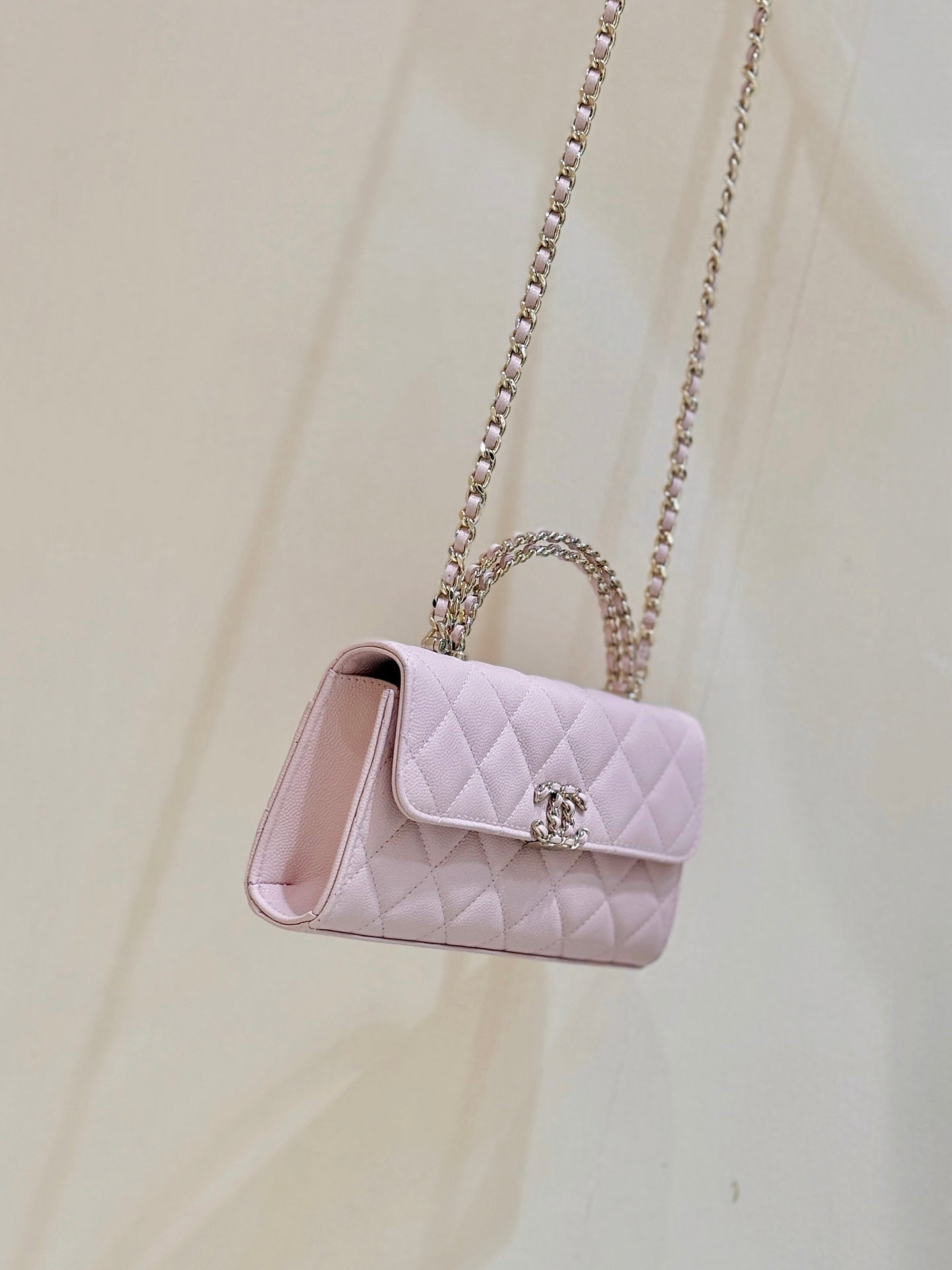 CC 25S Kelly Bag Top Handle 18cm Pink Grained Calfskin