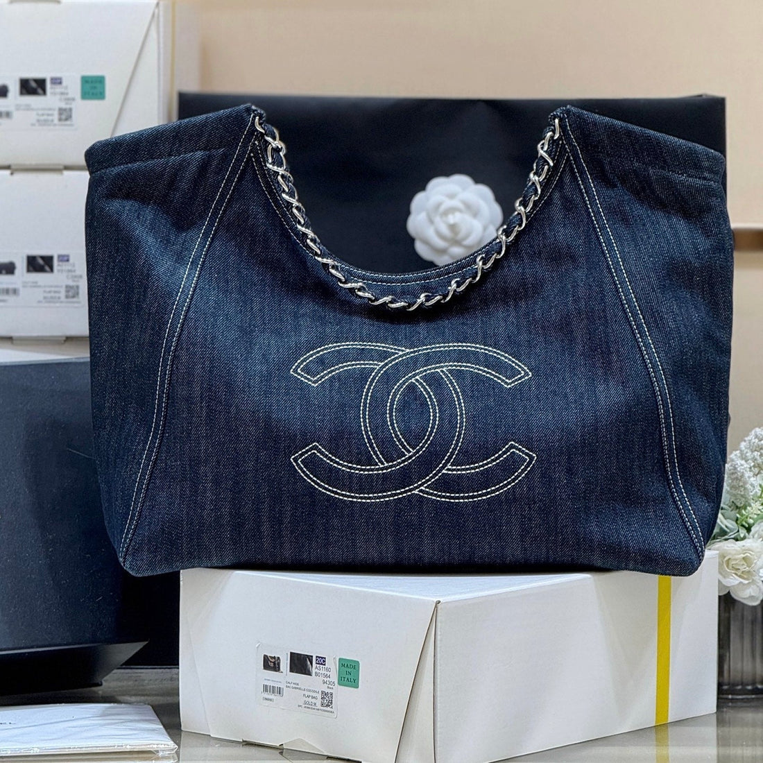 CC Vintage Cabas Tote 48cm Blue Denim
