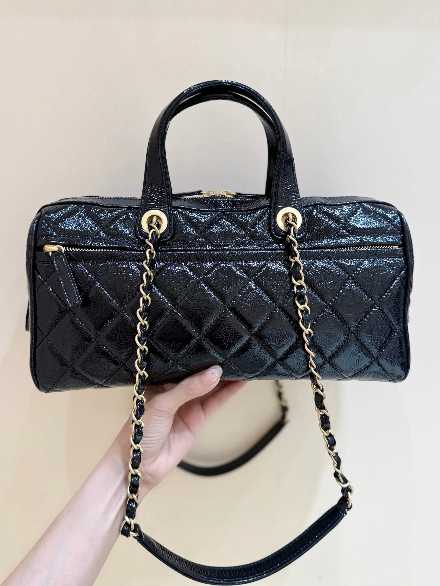 CC 25s Maxi Bowling Bag Black Patent Crumpled Calfskin