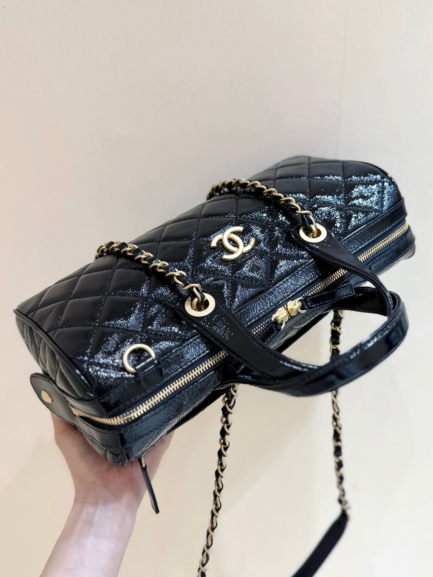 CC 25s Maxi Bowling Bag Black Patent Crumpled Calfskin