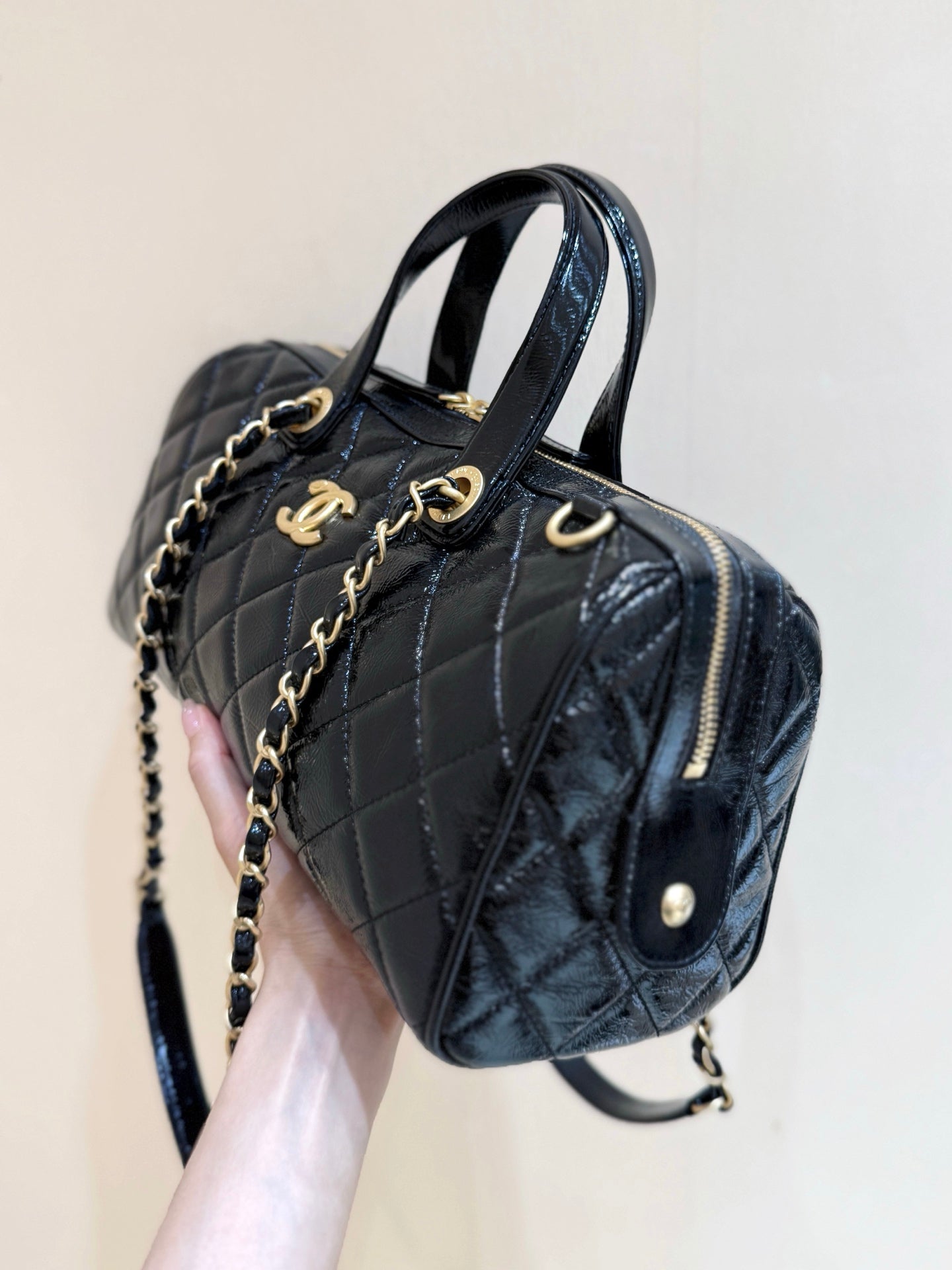 CC 25s Maxi Bowling Bag Black Patent Crumpled Calfskin