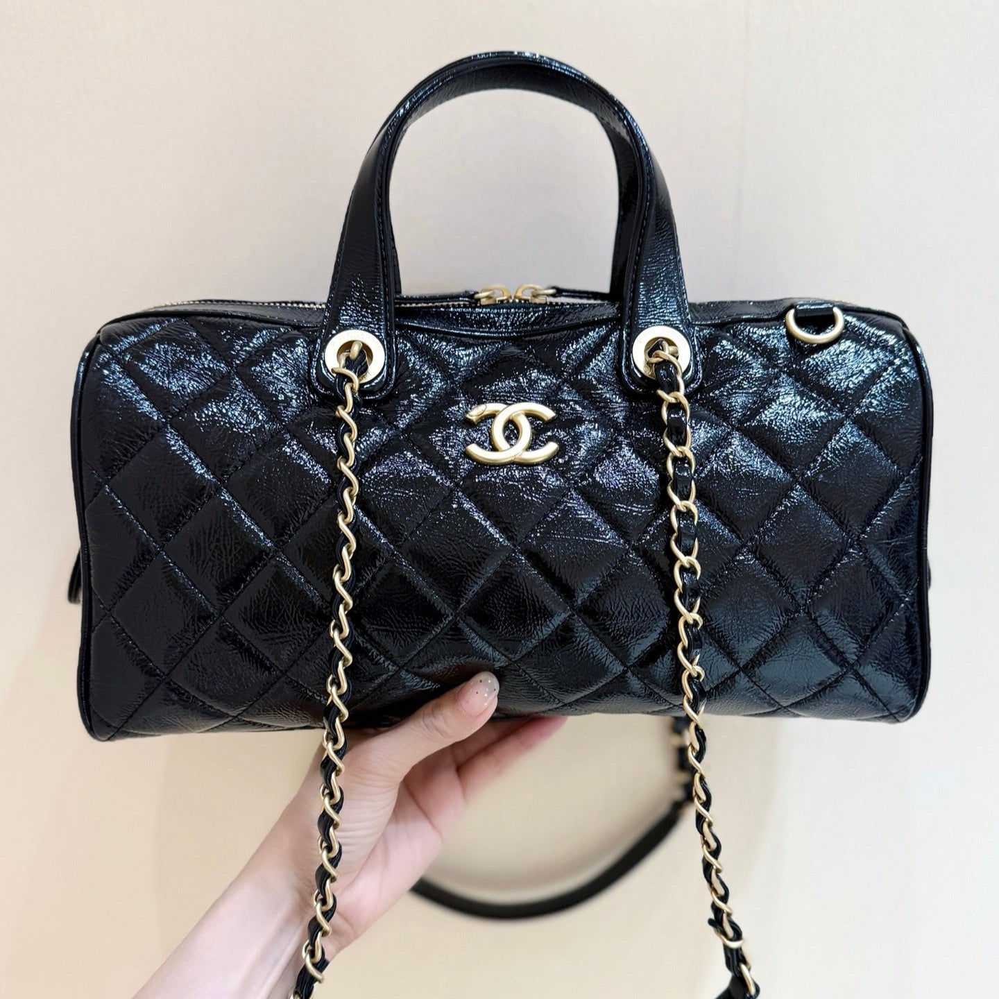 CC 25s Maxi Bowling Bag Black Patent Crumpled Calfskin