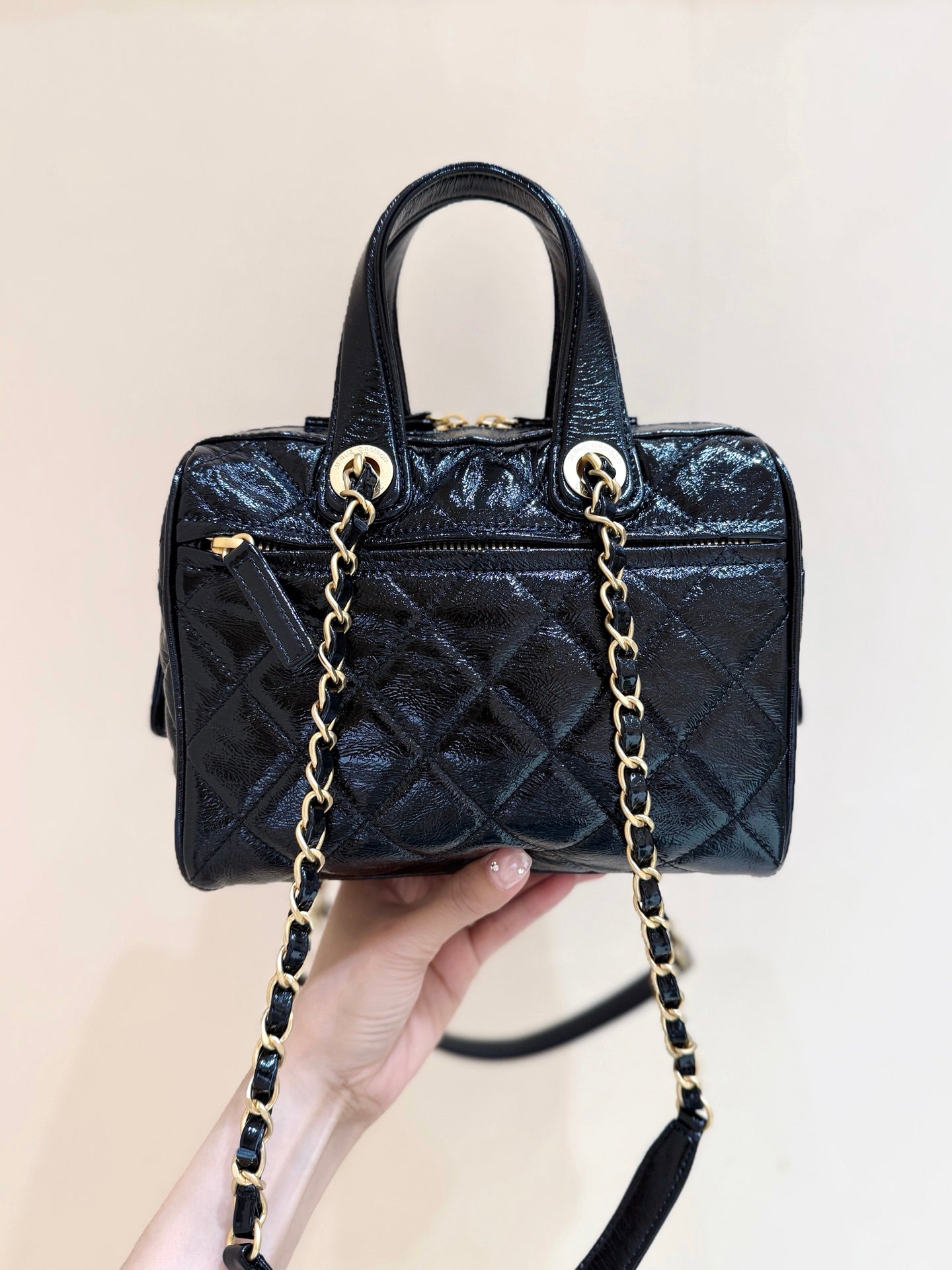 CC 25s Maxi Bowling Bag 21 Black Patent Crumpled Calfskin