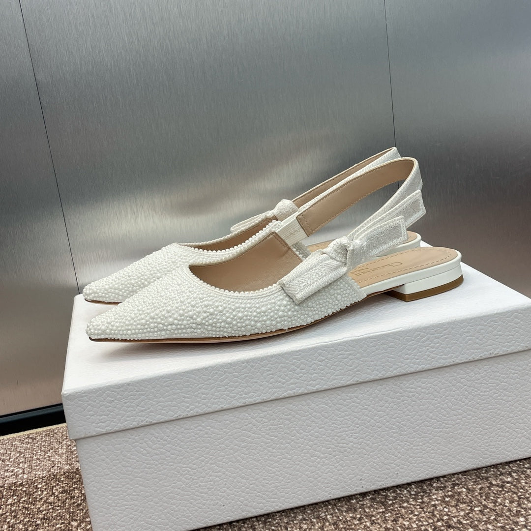 cd slingback flat embroidered cotton white calfskin resin pearl