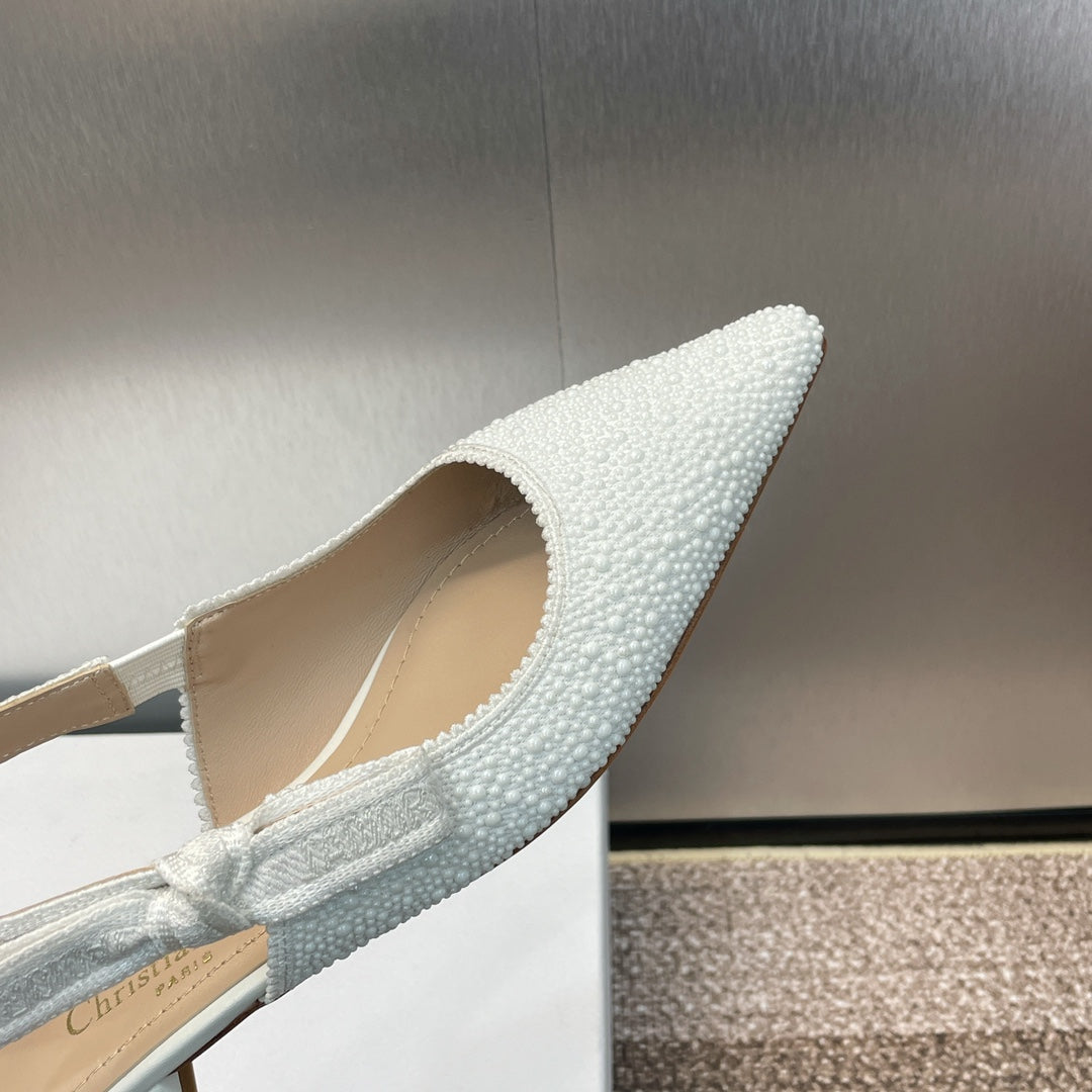 cd slingback flat embroidered cotton white calfskin resin pearl