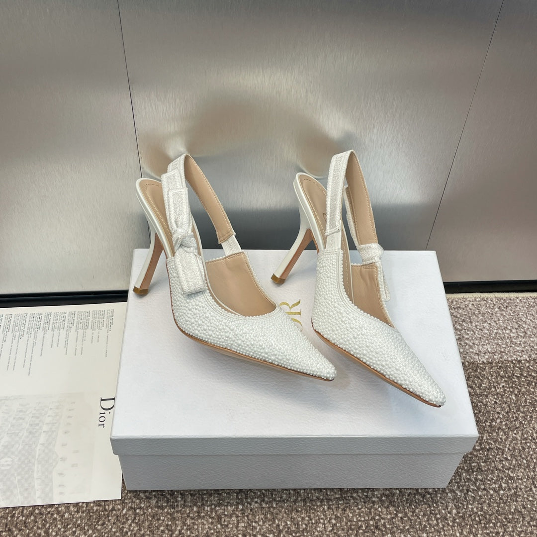 cd slingback pump 95 embroidered cotton white calfskin resin pearl