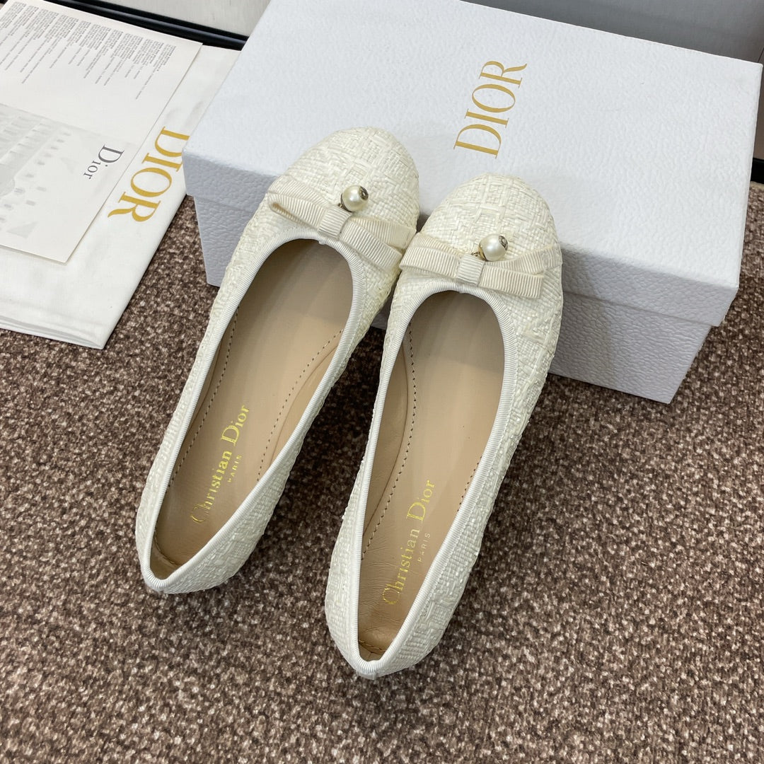 CD Ballet Flat White Woven Sedge And Lambskin
