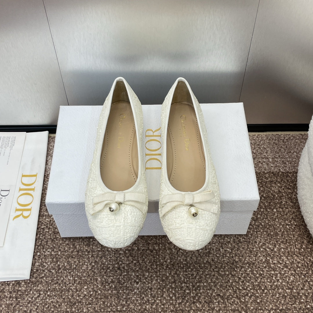 CD Ballet Flat White Woven Sedge And Lambskin