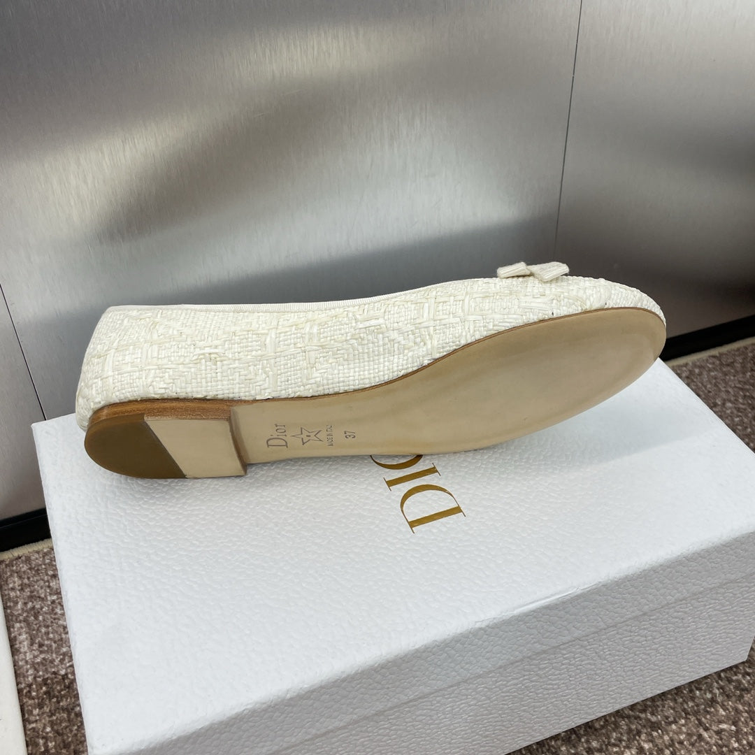 CD Ballet Flat White Woven Sedge And Lambskin