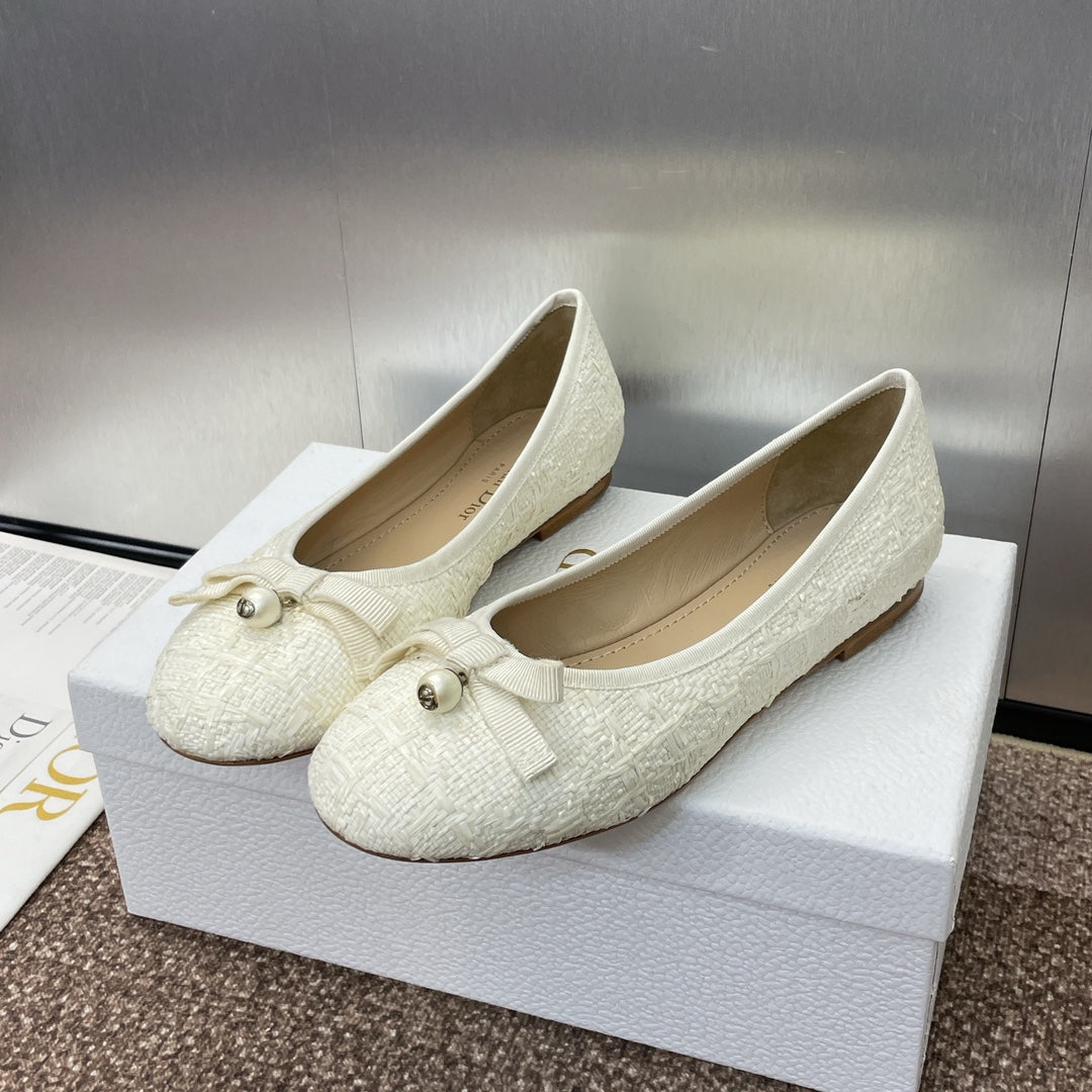 CD Ballet Flat White Woven Sedge And Lambskin