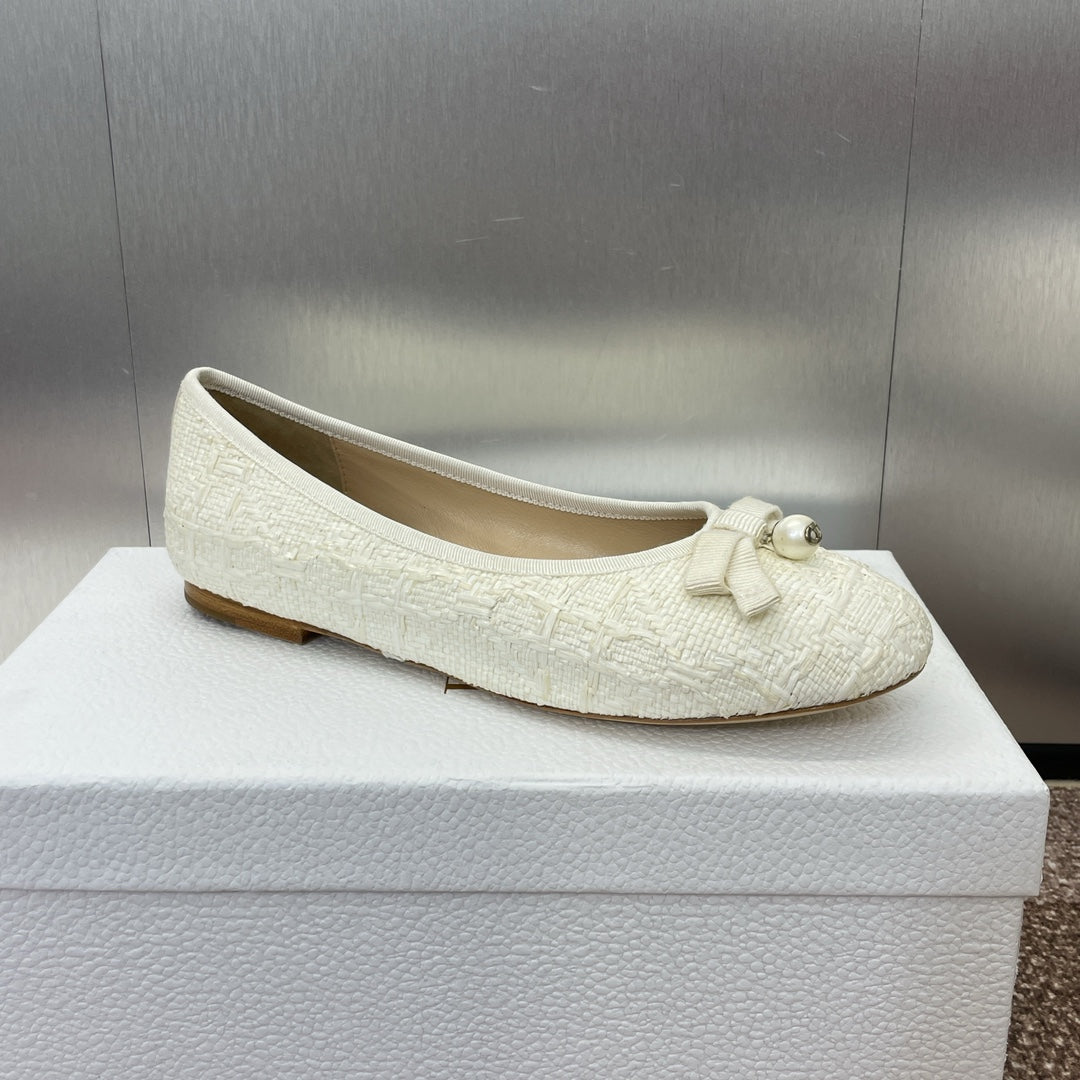 CD Ballet Flat White Woven Sedge And Lambskin