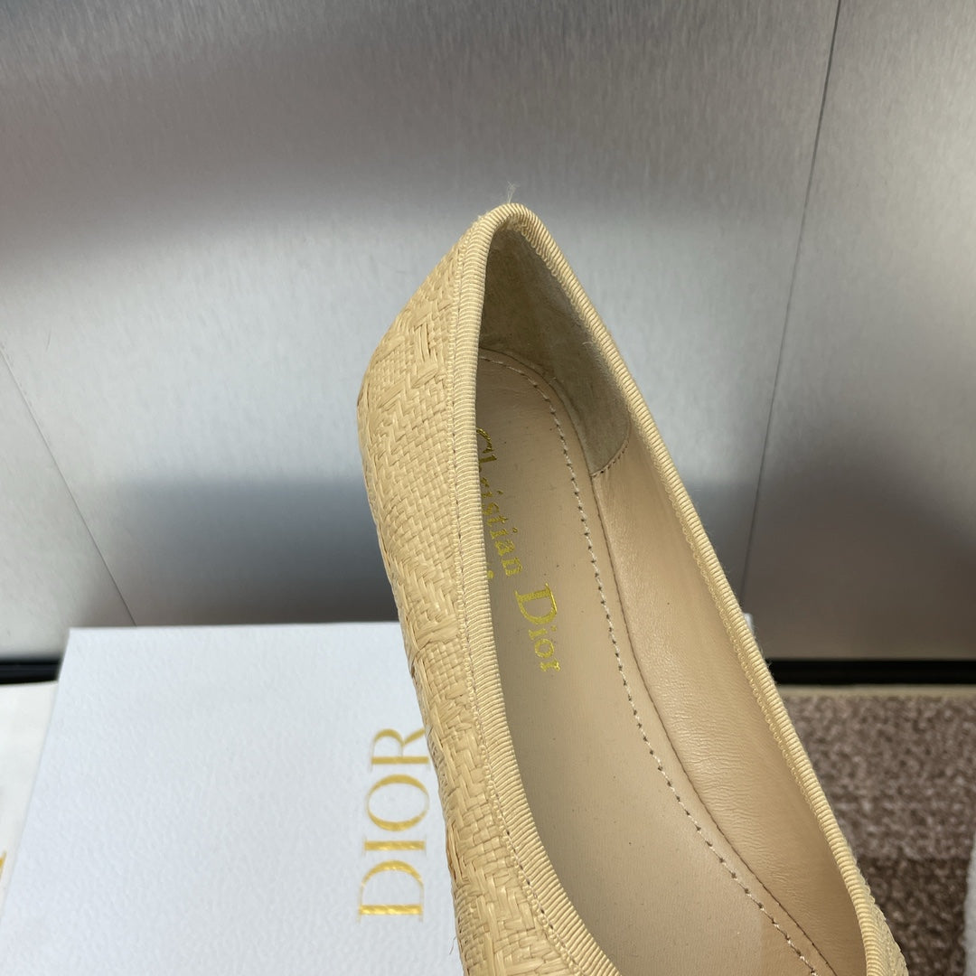 CD Ballet Flat Beige Woven Sedge And Lambskin