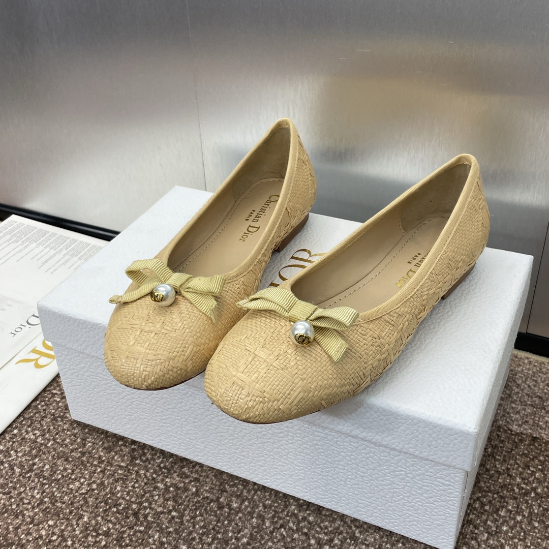 CD Ballet Flat Beige Woven Sedge And Lambskin