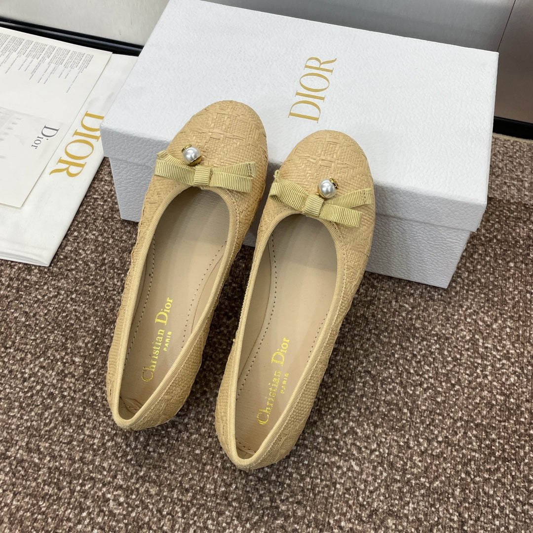 CD Ballet Flat Beige Woven Sedge And Lambskin