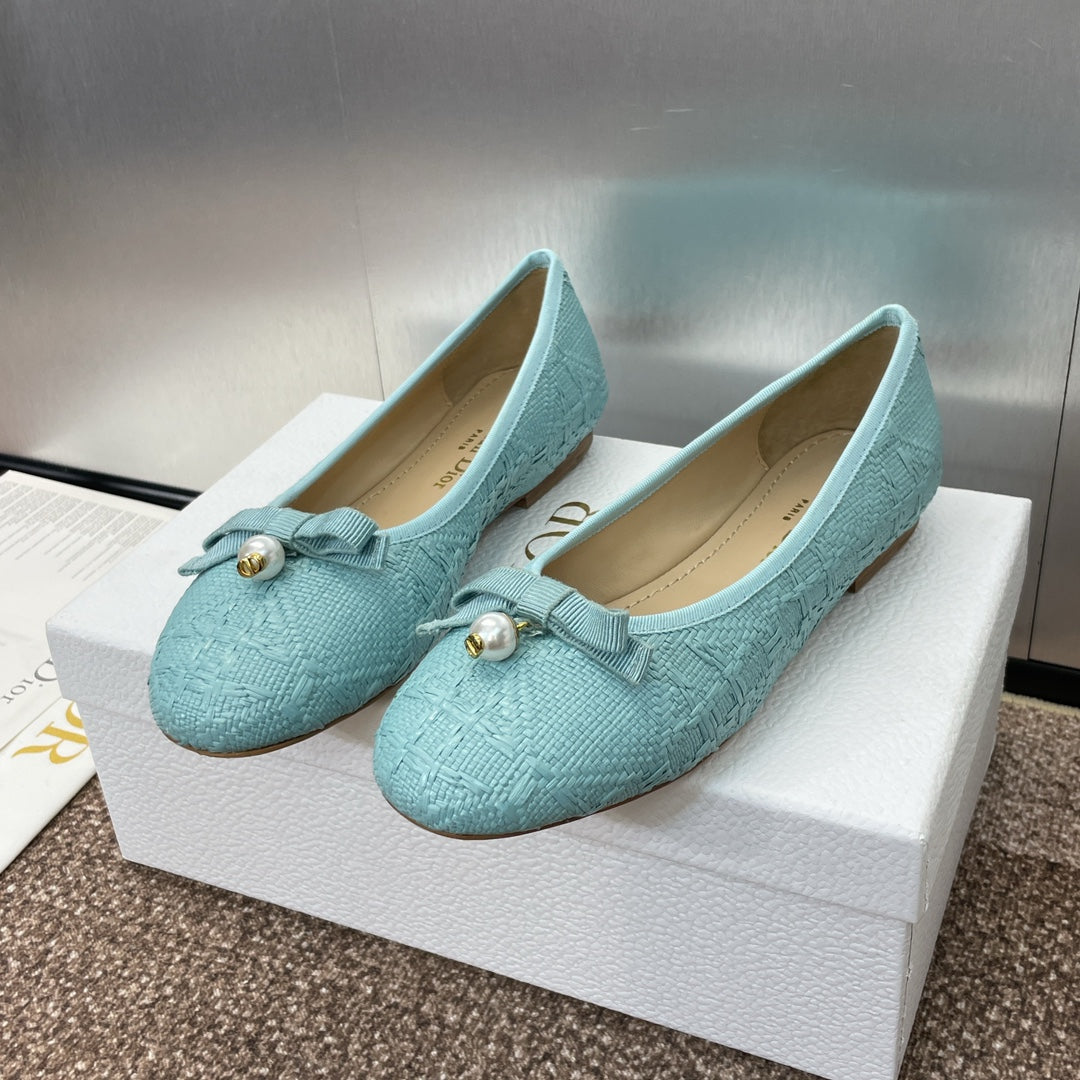 CD Ballet Flat Jade Green Woven Sedge And Lambskin